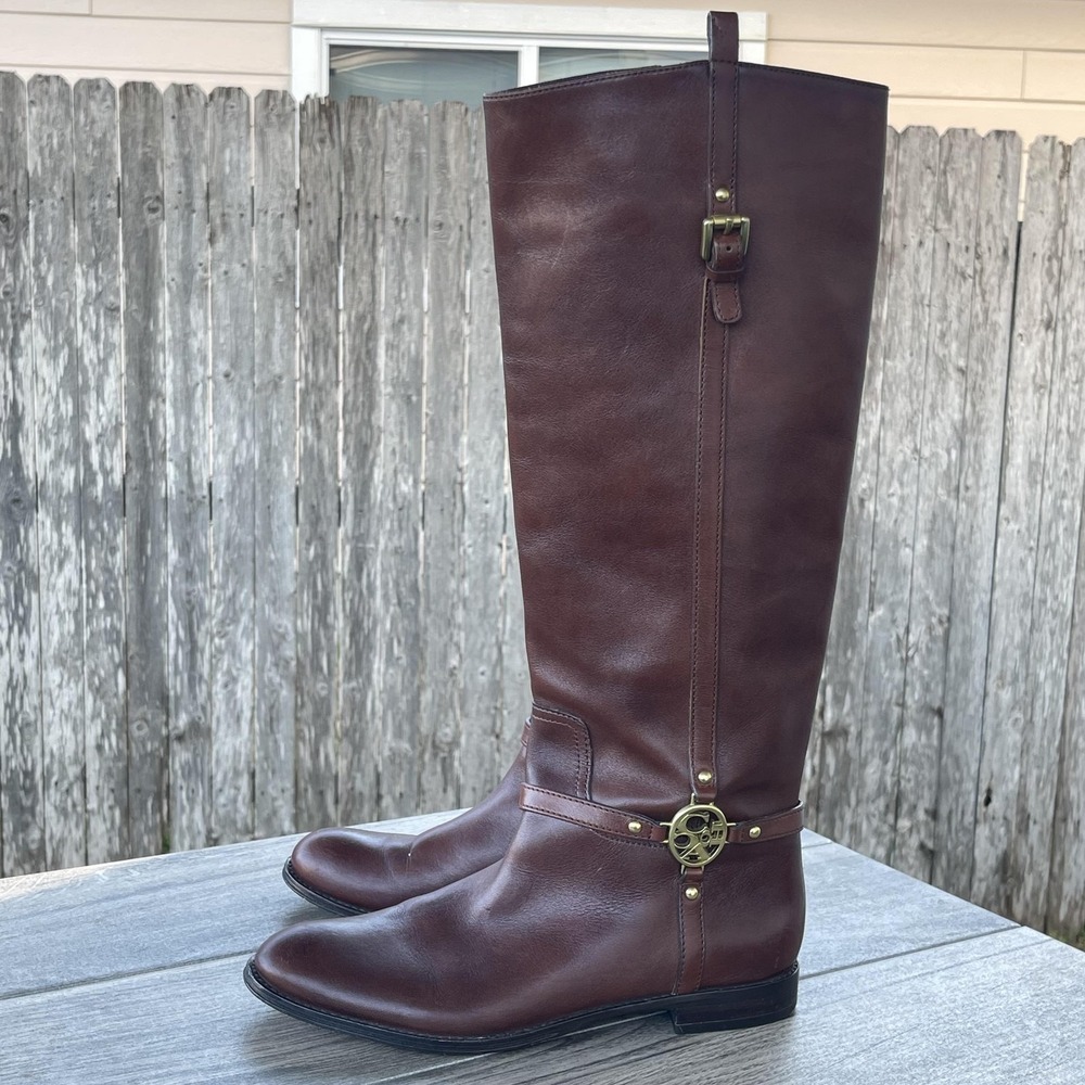 Coach Mulan Tall Riding Boots Women 7B Brown Leather Logo Harness Equestrian